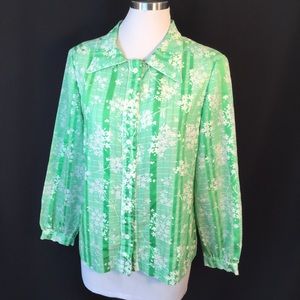 SOLD Vtg Casi Green Floral Opaque Button Front Blouse